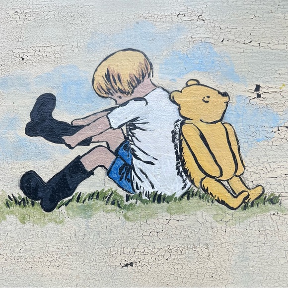 WINNIE THE POOH & CHRISTOPHER ROBIN VTG HAND PAINTED STEPSTOOL DECOR DISTRESSED - Picture 11 of 15